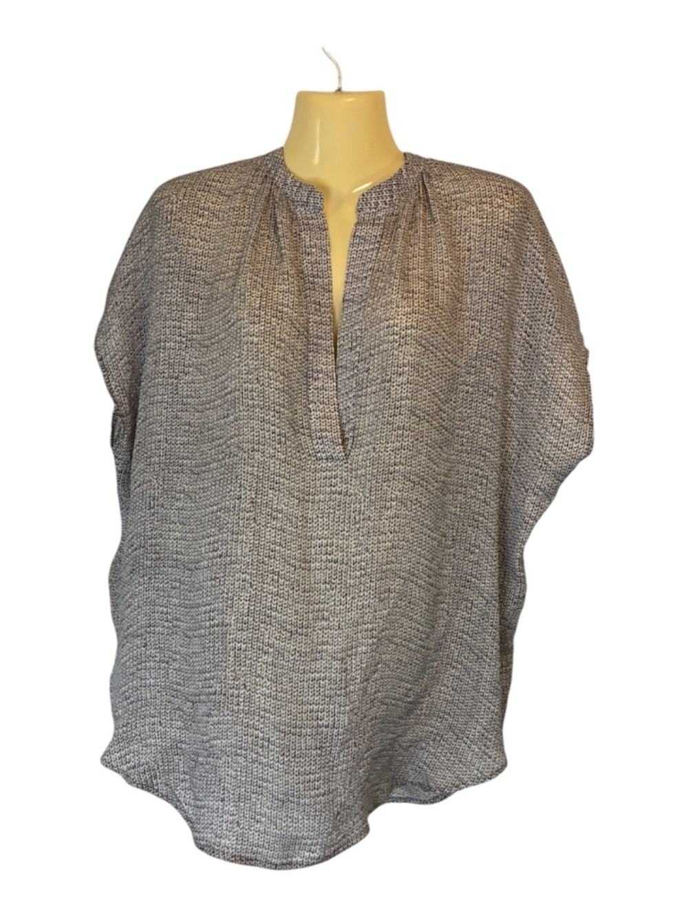 Vince Silk Split Neck Cap Sleeve Blouse Geometric Patterned Black Small